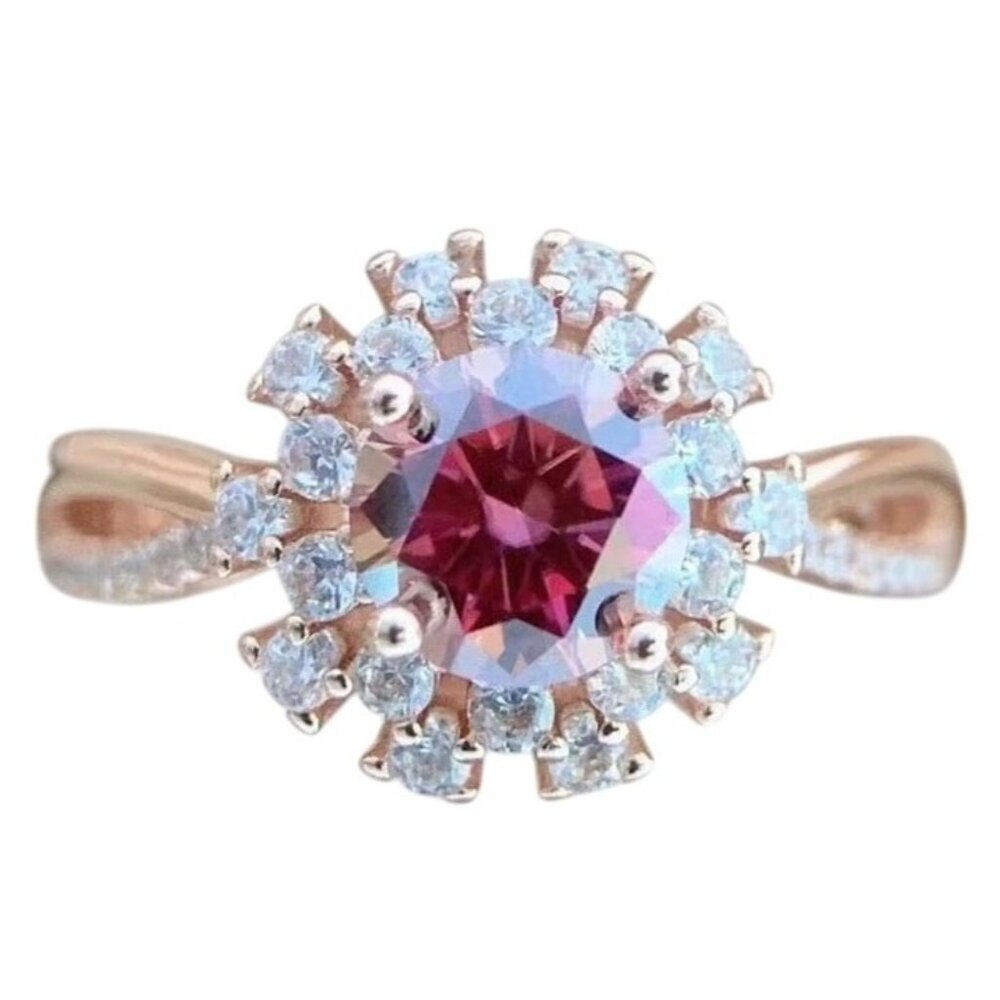 Round Cut Moissanite Halo Rose Gold Engagement Statement Anniversary Ring